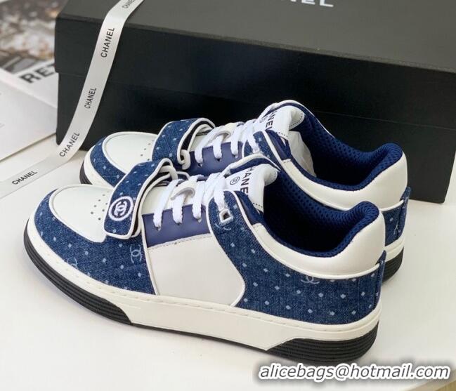 Luxurious Chanel Leather & Denim Sneakers G33035 White/Blue 328134