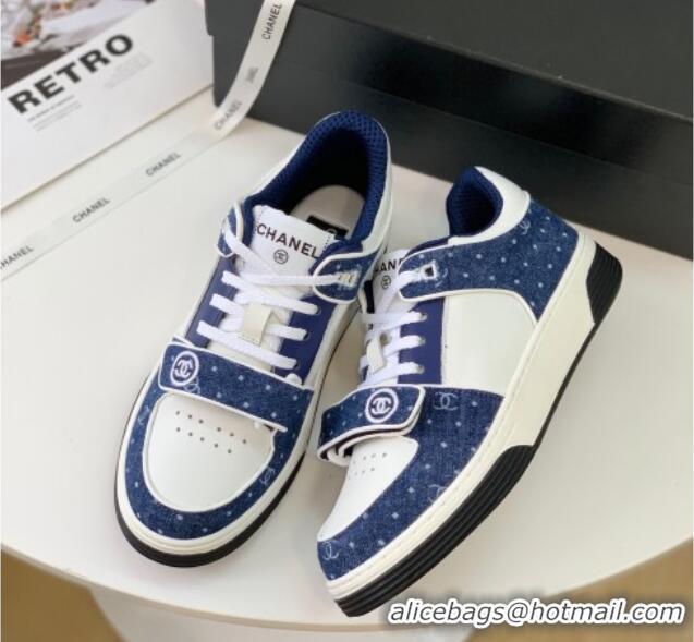 Luxurious Chanel Leather & Denim Sneakers G33035 White/Blue 328134