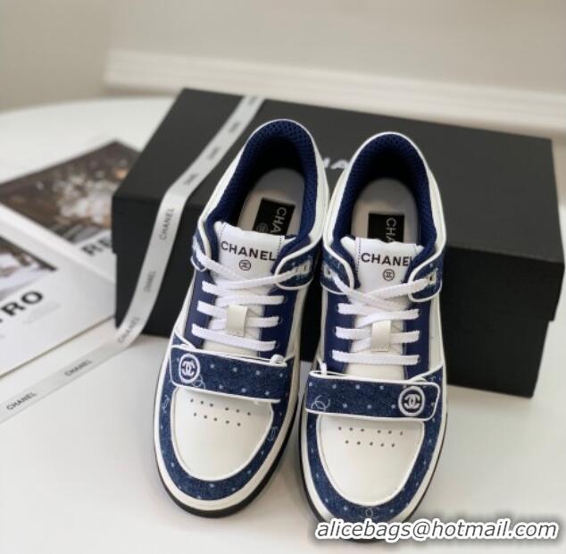 Luxurious Chanel Leather & Denim Sneakers G33035 White/Blue 328134