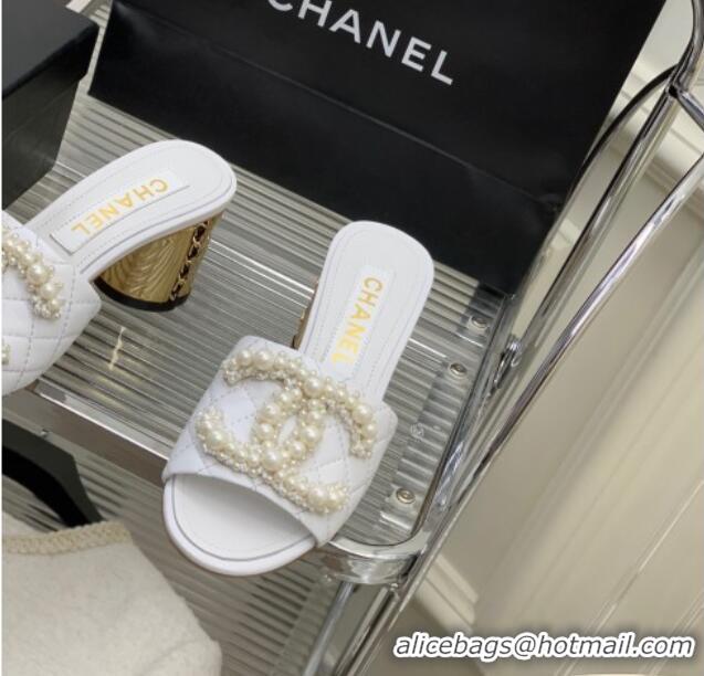 Good Product Chanel Quilted Lambskin Heel Slide Sandals 5.5cm with Pearl CC White 328135