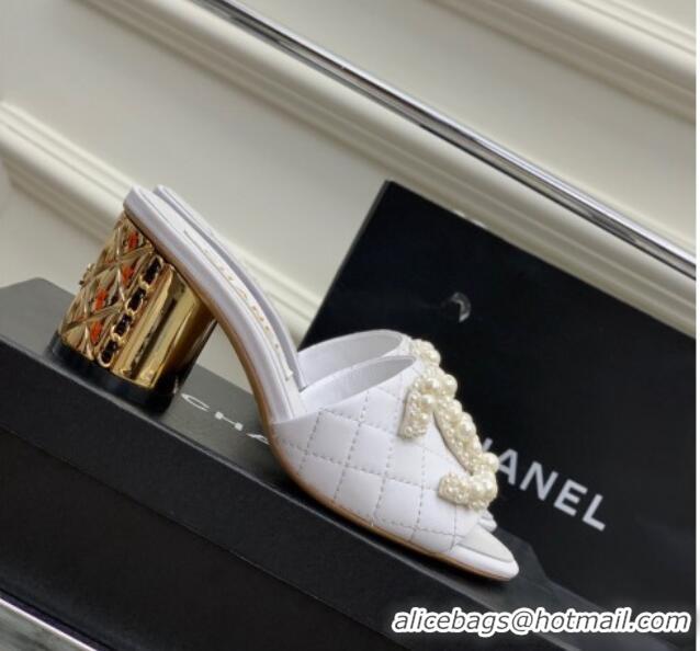 Good Product Chanel Quilted Lambskin Heel Slide Sandals 5.5cm with Pearl CC White 328135