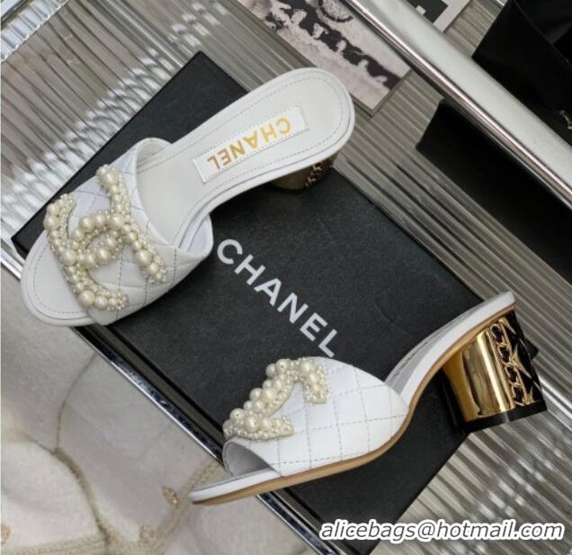 Good Product Chanel Quilted Lambskin Heel Slide Sandals 5.5cm with Pearl CC White 328135