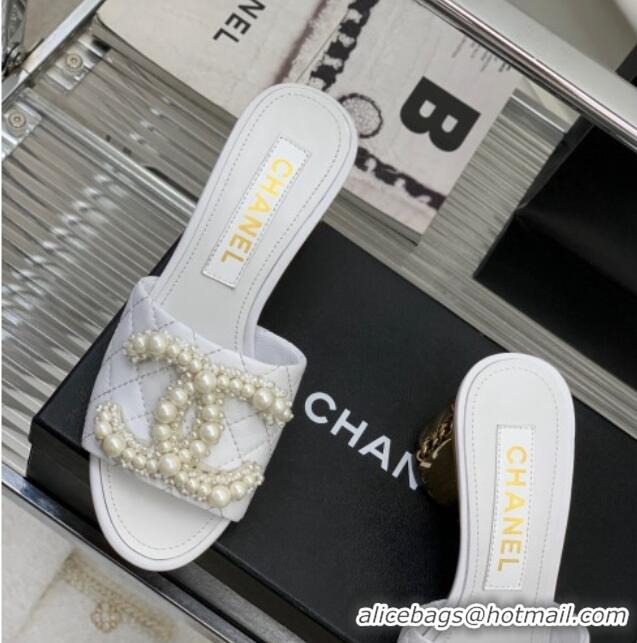 Good Product Chanel Quilted Lambskin Heel Slide Sandals 5.5cm with Pearl CC White 328135