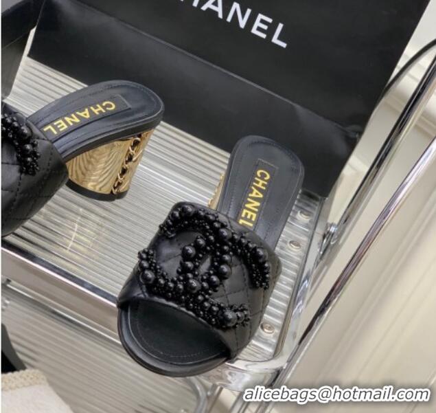 Purchase Chanel Quilted Lambskin Heel Slide Sandals 5.5cm with Pearl CC Black 328136