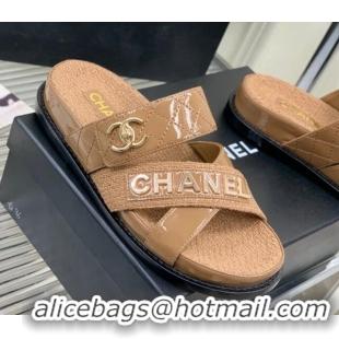 Luxury Chanel Raffia & Patent Leather Flat Slide Sandals Brown 328138