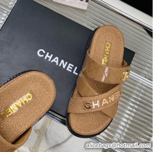 Luxury Chanel Raffia & Patent Leather Flat Slide Sandals Brown 328138