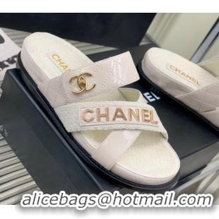 Popular Style Chanel Raffia & Patent Leather Flat Slide Sandals White 328139