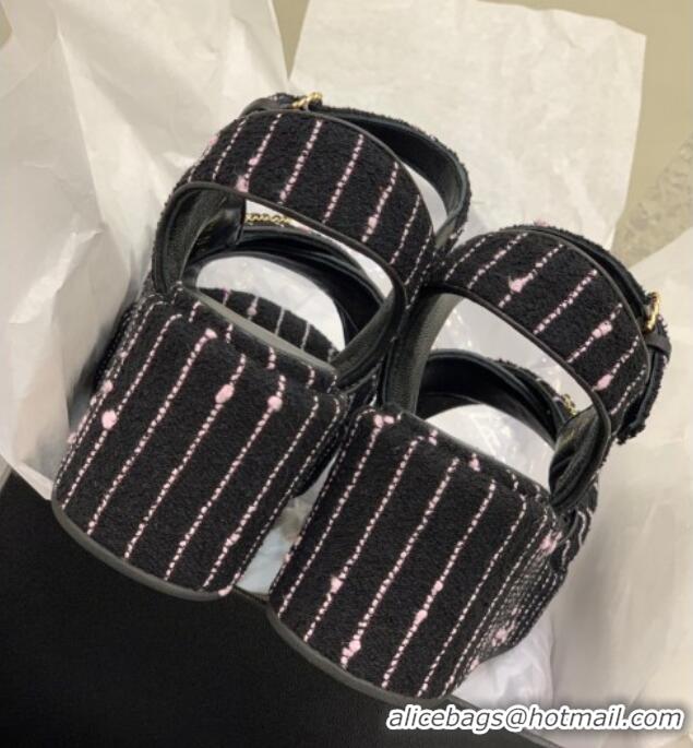 Top Grade Chanel Striped Cotton Tweed Wedge Platform Sandals 5cm G39918 Black/Light Pink 403058