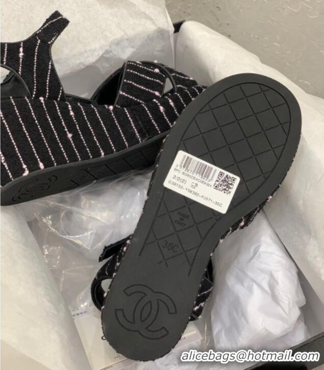 Top Grade Chanel Striped Cotton Tweed Wedge Platform Sandals 5cm G39918 Black/Light Pink 403058