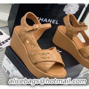 Perfect Chanel Quilted Lambskin Wedge Platform Sandals 5cm G39918 Brown 403059