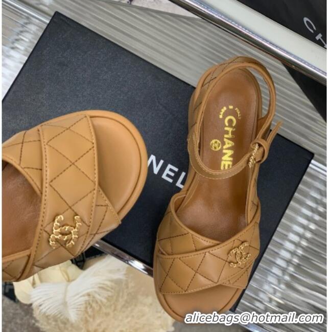 Perfect Chanel Quilted Lambskin Wedge Platform Sandals 5cm G39918 Brown 403059