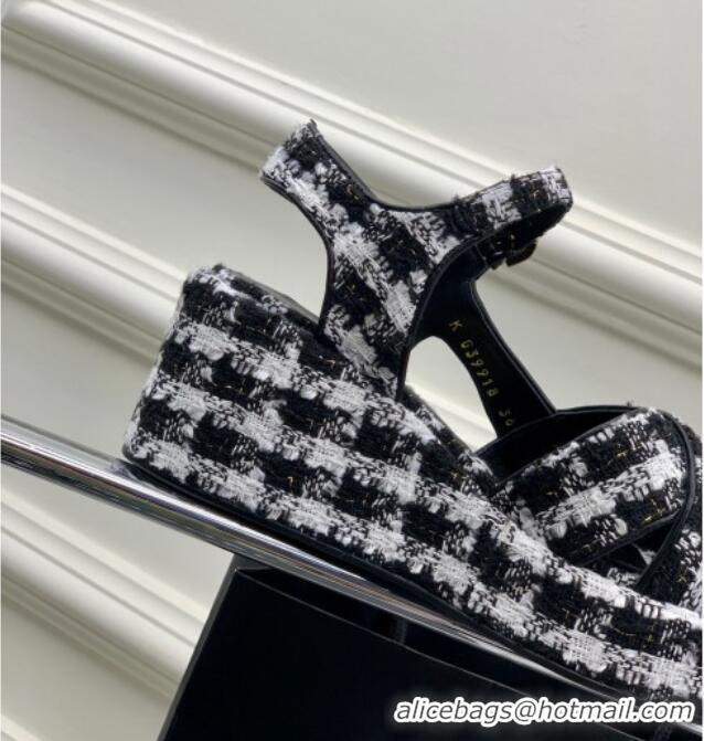 Top Grade Chanel Cotton Tweed Wedge Platform Sandals 5cm G39918 Black/White 403060