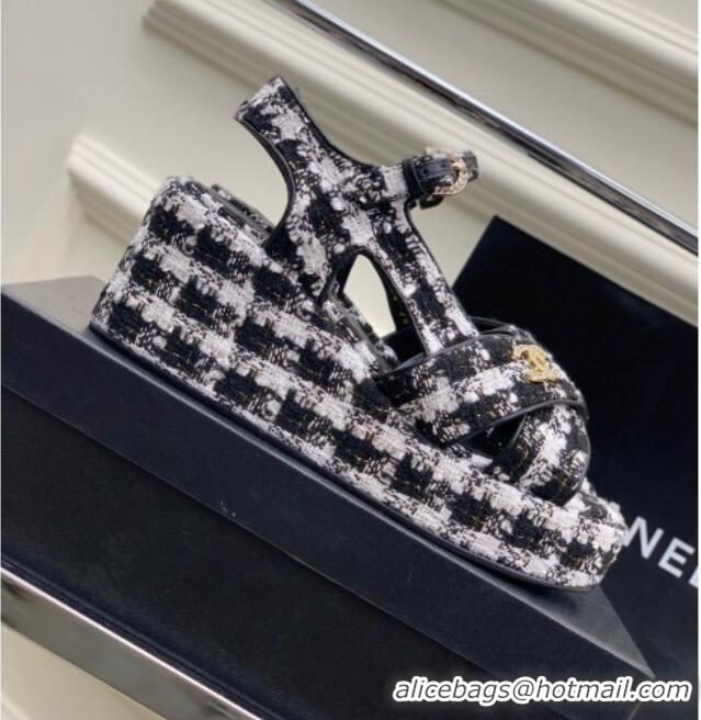 Top Grade Chanel Cotton Tweed Wedge Platform Sandals 5cm G39918 Black/White 403060