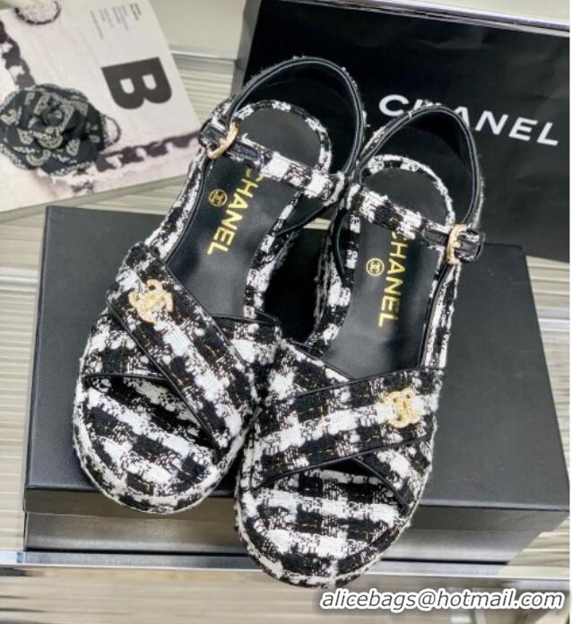 Top Grade Chanel Cotton Tweed Wedge Platform Sandals 5cm G39918 Black/White 403060