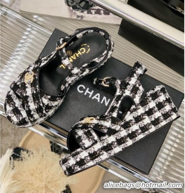 Top Grade Chanel Cotton Tweed Wedge Platform Sandals 5cm G39918 Black/White 403060