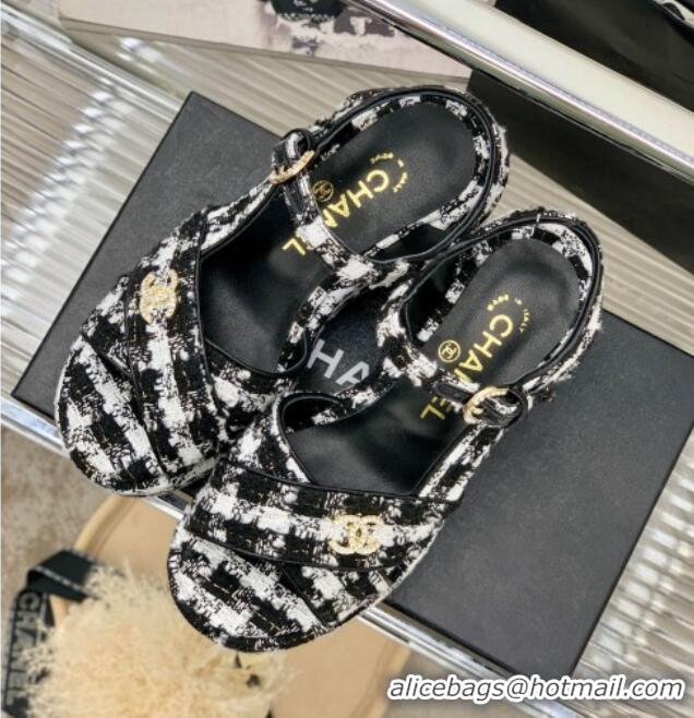 Top Grade Chanel Cotton Tweed Wedge Platform Sandals 5cm G39918 Black/White 403060