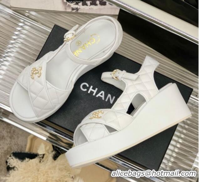 Sumptuous Chanel Quilted Lambskin Wedge Platform Sandals 5cm G39918 Optic White 403061