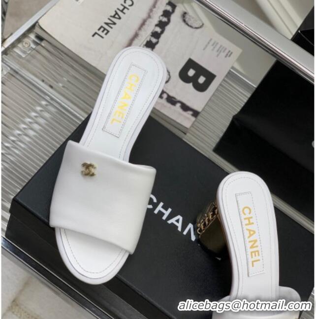 Stylish Chanel Lambskin Slide Sandals 5.5cm with Metal CC White 403062