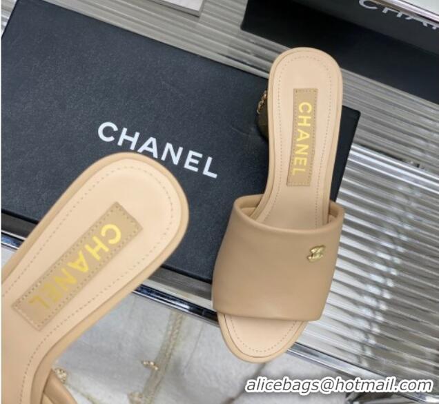 Top Design Chanel Lambskin Slide Sandals 5.5cm with Metal CC Beige 403064