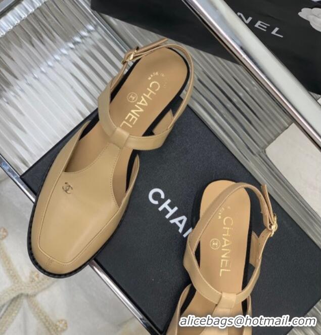 Good Quality Chanel Calfskin Flat Slingbacks Beige 403065