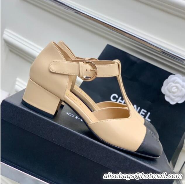 Low Cost Chanel Lambskin Mary Janes Pumps 2cm Beige 403068