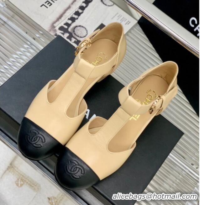 Low Cost Chanel Lambskin Mary Janes Pumps 2cm Beige 403068