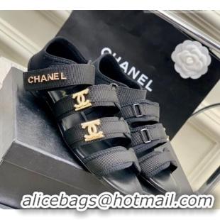 Luxury Chanel Lycra Fabric Flat Sandals with CC Strap Black 403071