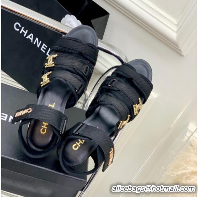 Luxury Chanel Lycra Fabric Flat Sandals with CC Strap Black 403071