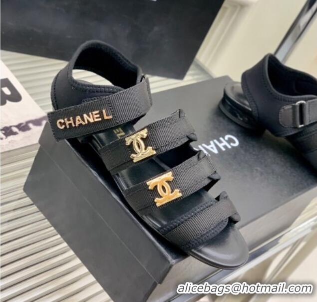 Luxury Chanel Lycra Fabric Flat Sandals with CC Strap Black 403071