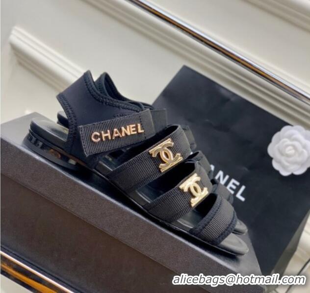 Luxury Chanel Lycra Fabric Flat Sandals with CC Strap Black 403071