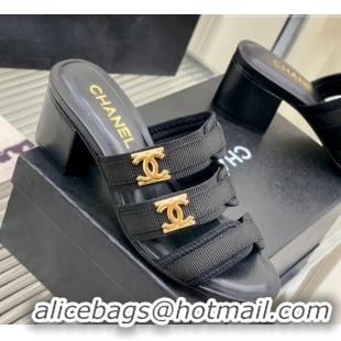 Best Price Chanel Lycra Fabric Heel Slide Sandals with CC Strap 5cm Black 403072