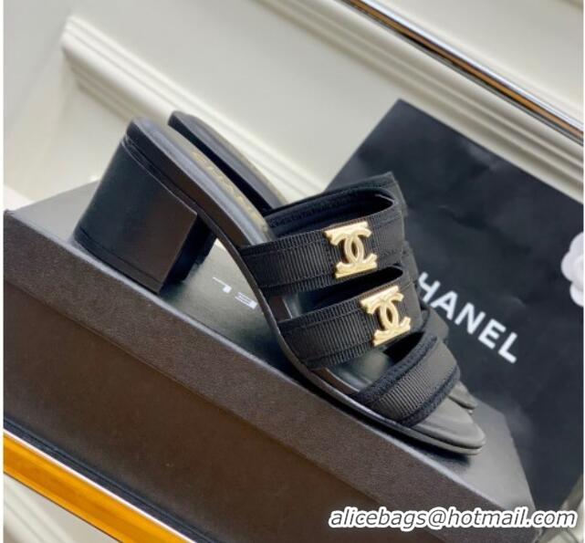 Best Price Chanel Lycra Fabric Heel Slide Sandals with CC Strap 5cm Black 403072