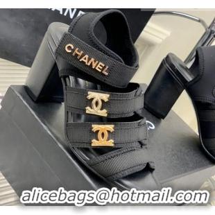 Unique Style Chanel Lycra Fabric Heel Sandals 8cm with CC Strap Black 403073