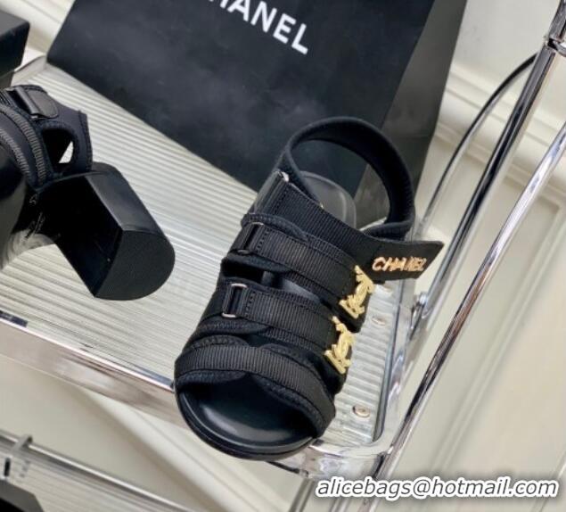 Unique Style Chanel Lycra Fabric Heel Sandals 8cm with CC Strap Black 403073