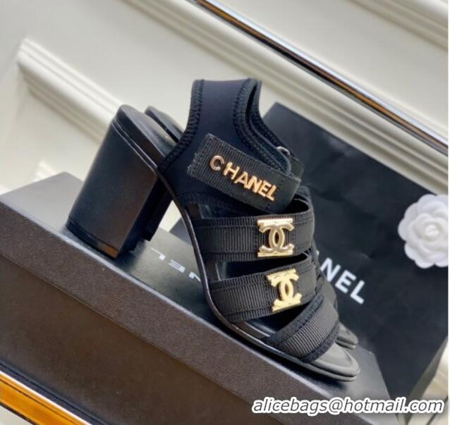 Unique Style Chanel Lycra Fabric Heel Sandals 8cm with CC Strap Black 403073