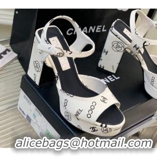 Most Popular Chanel Printed Leather Heel Platform Sandals 7cm White 403076