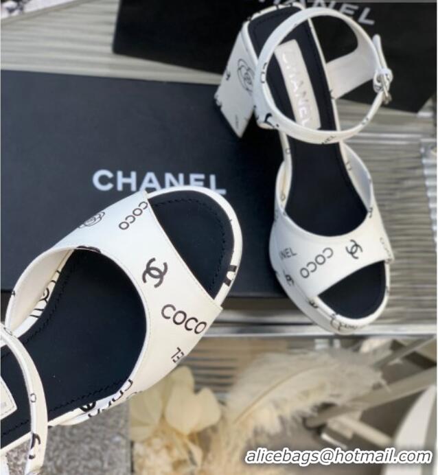 Most Popular Chanel Printed Leather Heel Platform Sandals 7cm White 403076