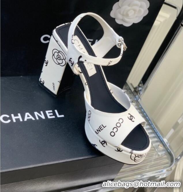 Most Popular Chanel Printed Leather Heel Platform Sandals 7cm White 403076