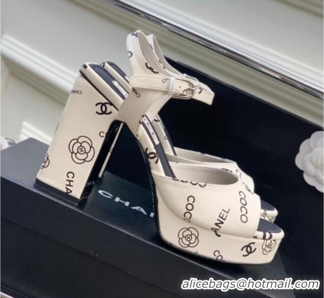 Most Popular Chanel Printed Leather Heel Platform Sandals 7cm White 403076