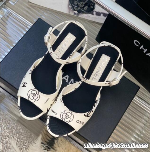 Classic Hot Chanel Printed Leather Sandals 5cm White 403077