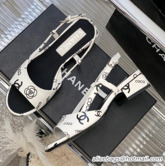 Unique Style Chanel Printed Leather Sandals 3cm White 403078