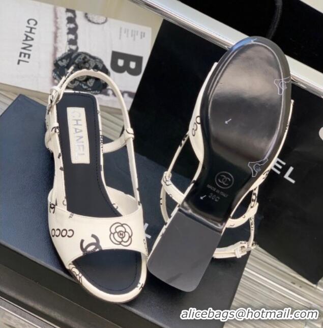 Unique Style Chanel Printed Leather Sandals 3cm White 403078