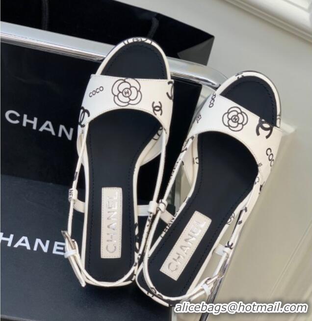 Unique Style Chanel Printed Leather Sandals 3cm White 403078