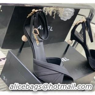 Top Grade Chanel Satin Heel Sandals 8.5 with Crystal Ball Heel and Bow Black 403079