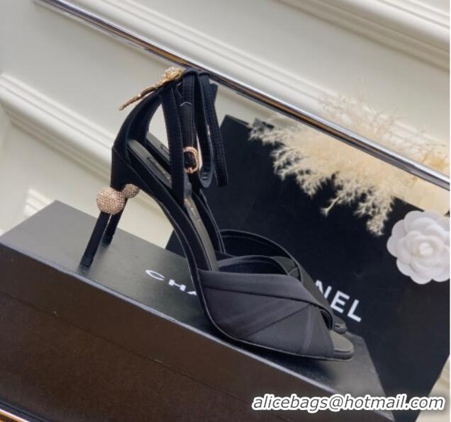 Top Grade Chanel Satin Heel Sandals 8.5 with Crystal Ball Heel and Bow Black 403079