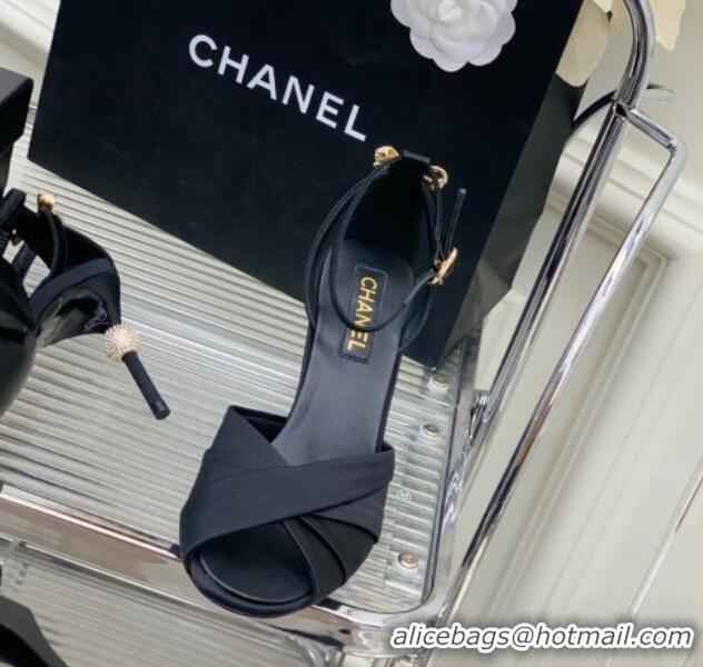 Top Grade Chanel Satin Heel Sandals 8.5 with Crystal Ball Heel and Bow Black 403079