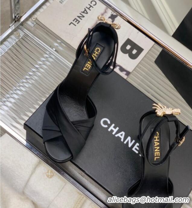 Top Grade Chanel Satin Heel Sandals 8.5 with Crystal Ball Heel and Bow Black 403079