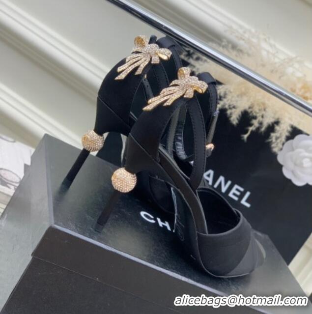 Top Grade Chanel Satin Heel Sandals 8.5 with Crystal Ball Heel and Bow Black 403079