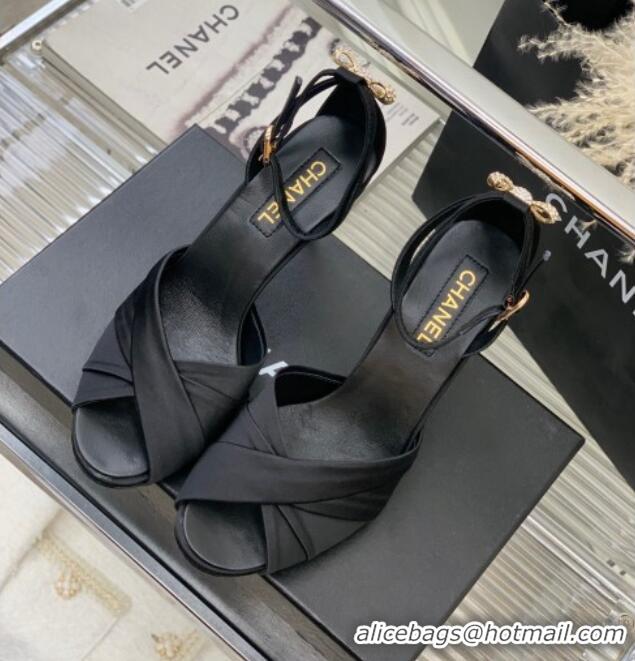 Top Grade Chanel Satin Heel Sandals 8.5 with Crystal Ball Heel and Bow Black 403079