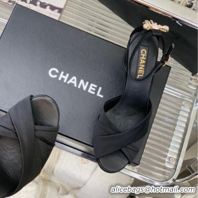 Top Grade Chanel Satin Heel Sandals 8.5 with Crystal Ball Heel and Bow Black 403079